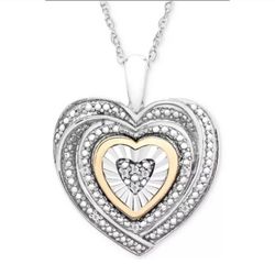 DIAMOND ACCENT HEART NECKLACE TWO-TONE STERLING SILVER & 10K YELLOW GOLD PENDANT 18" CHAIN