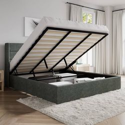 King Size Lift Up Storage Bed/Modern Wingback Headboard/Upholstered Platform Bed