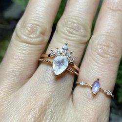 Moonstone Rose Gold Ring Set S925 Sz 7