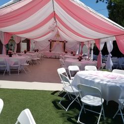 Draping——-tent——-tablecloths——backdrops——-flowers——