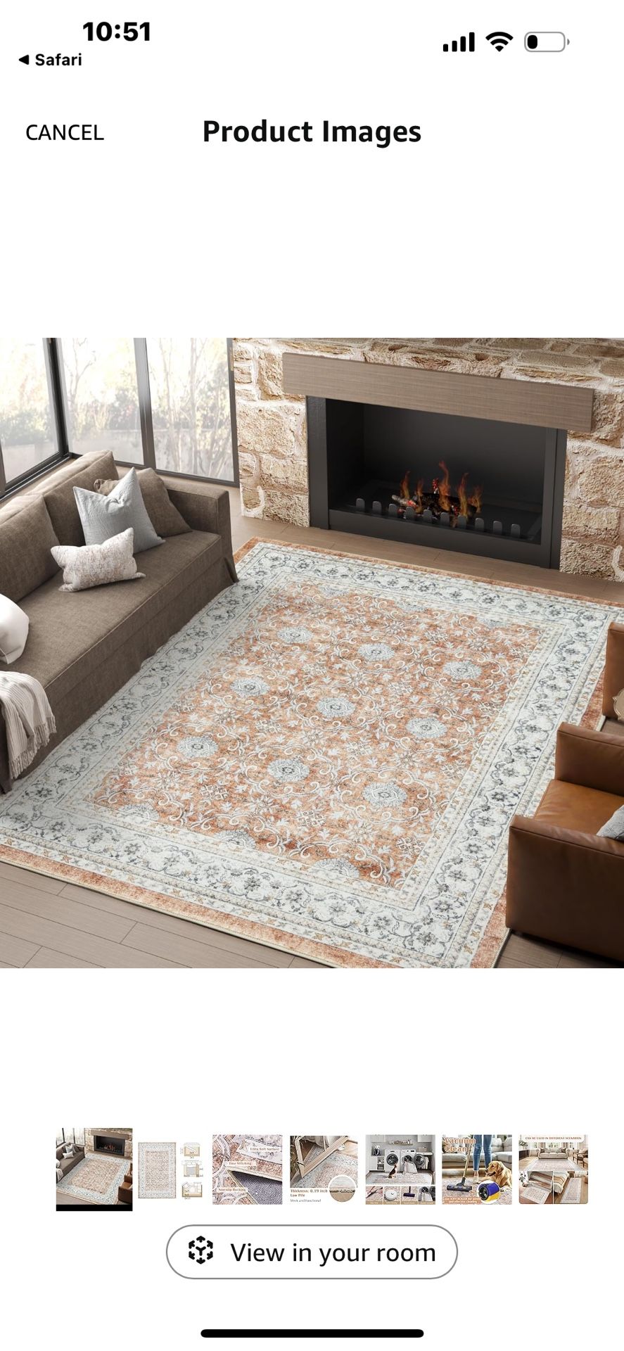 New 6x9 Low Pile Faux Wool Rug Orange Floral Print Stain Resistant Washable Non-Slip