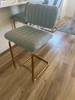 Set Of Four Blue Boucle Counter Stools with Gold Frame – Set of 4