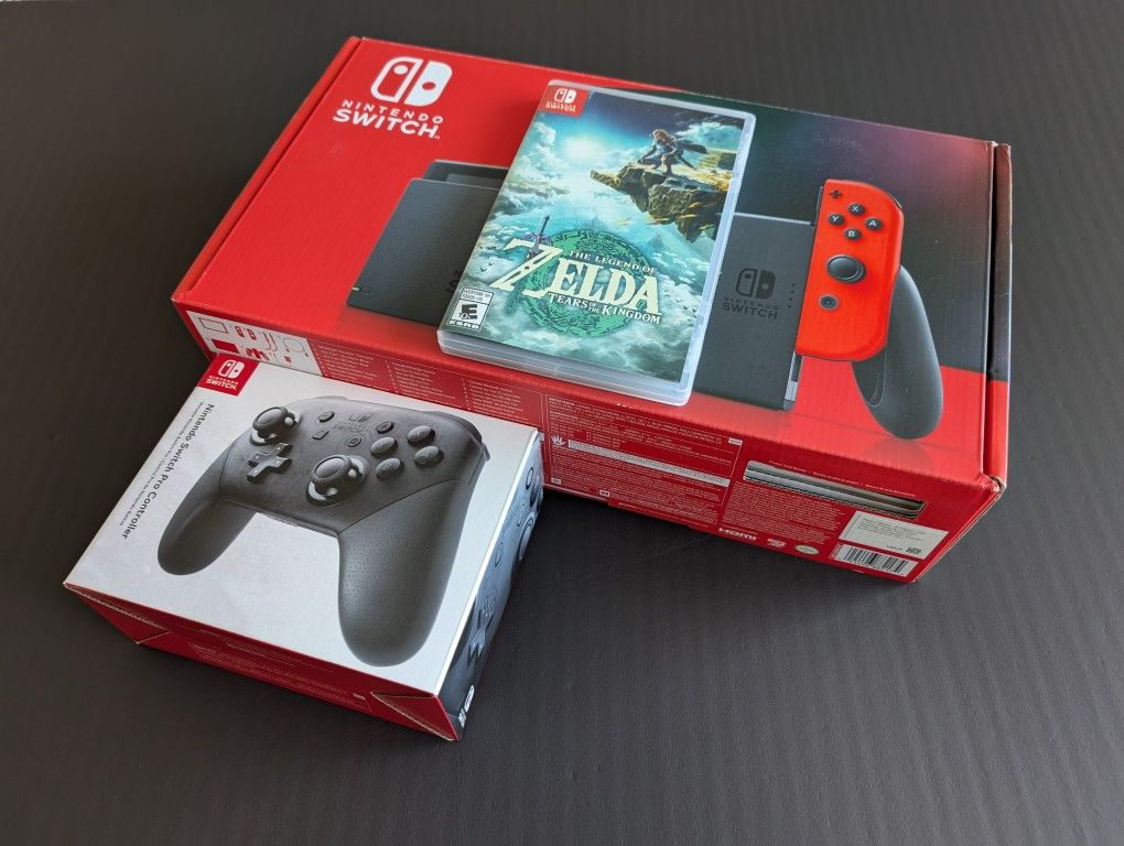 Nintendo Switch, Pro Controller, Tears of The Kingdom, and SD Card