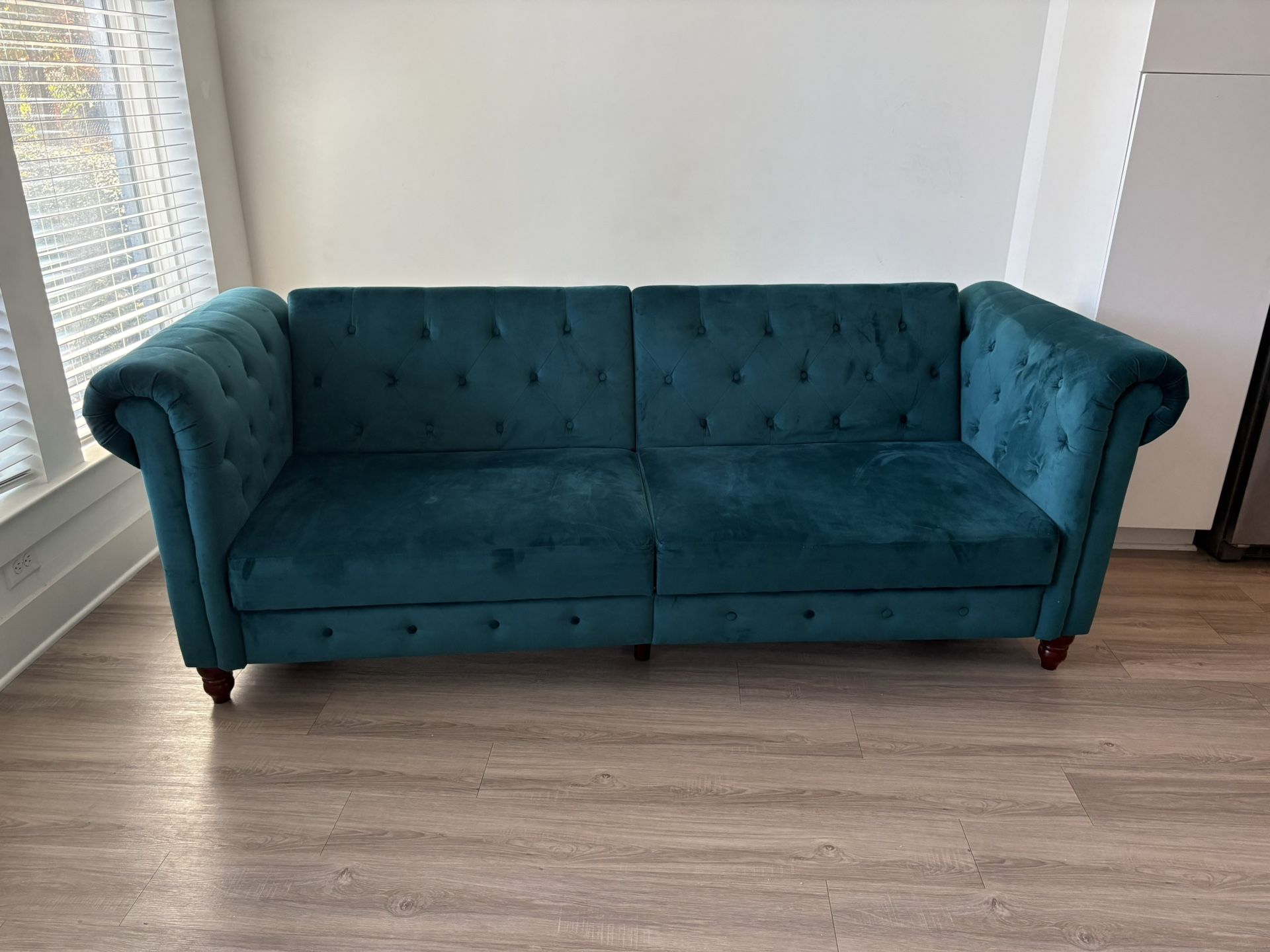 Teal Velvet Chesterfield Sleeper Sofa – Excellent Condition