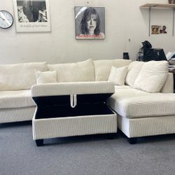 New Corduroy Sectional Couch With Storage Ottoman / Free Delivery 