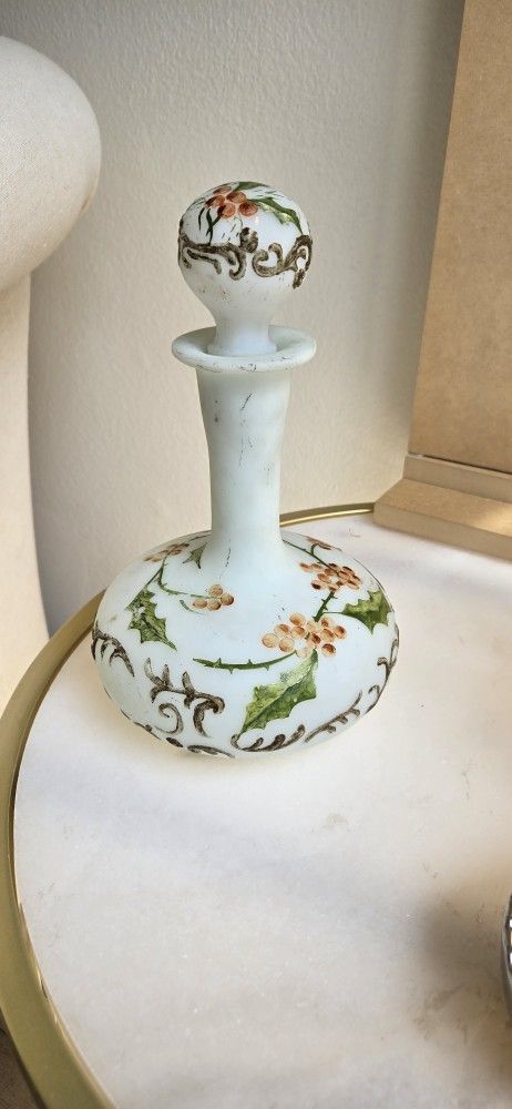 Vintage Floral Hand Painted Milk Glass Vanity Perfume Bottle Decanter