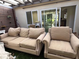Classic Beige Linen Sofa & Matching Accent Chair Set – Nailhead Trim