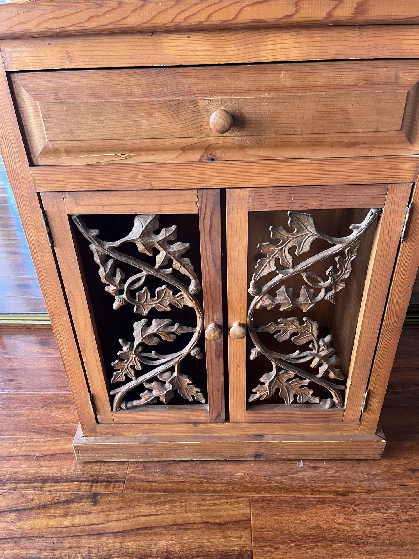 Pine And Wrought Iron Cabinet & Mirror