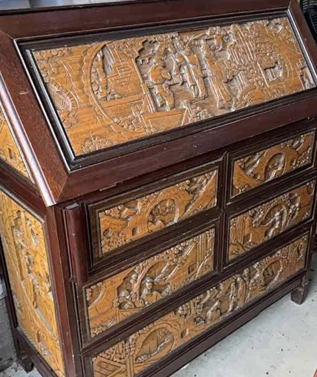 Asian Carved Secretary Desk