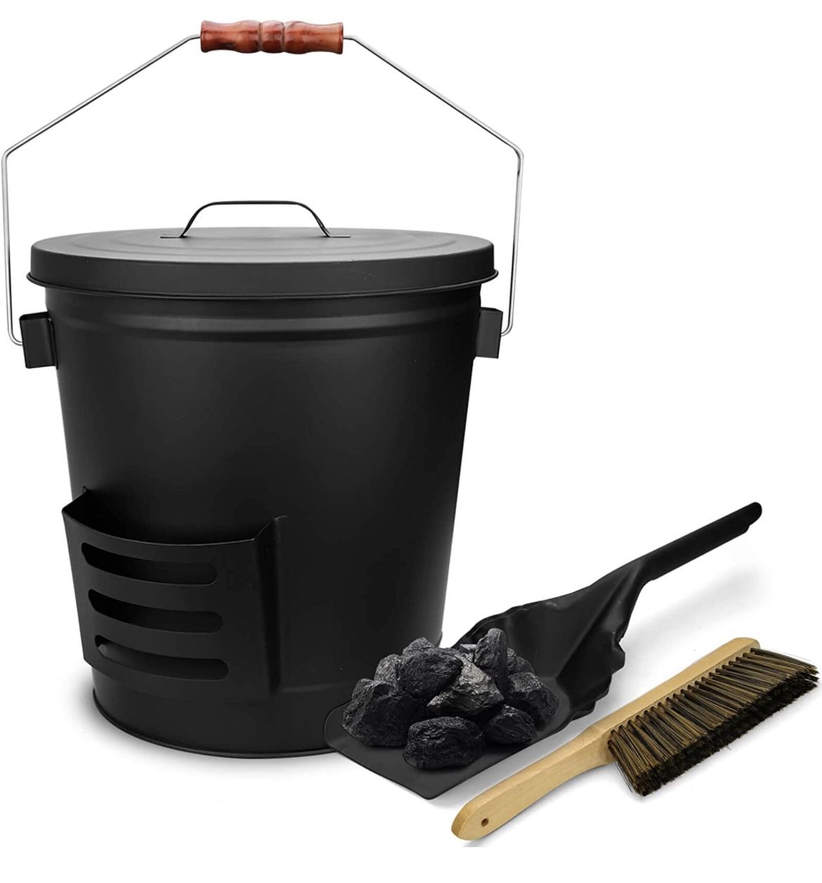 Grisun Ash Bucket with Lid Shovel and Hand Broom 5.2 Gallon Coal Bucket for Fireplace Charcoal Wood Fire Pits Burning Stoves Large Pail Pellet Me