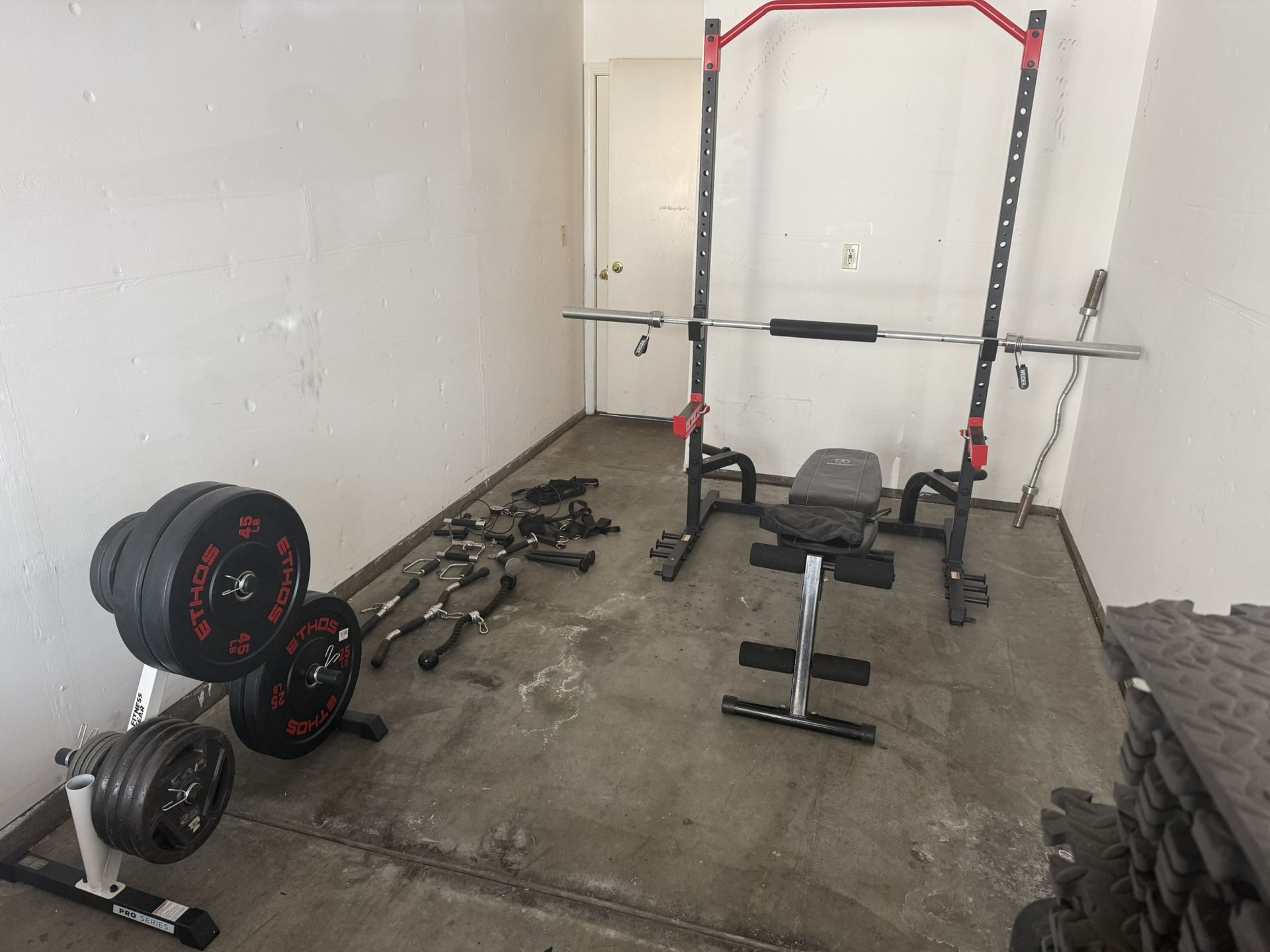 Complete Home Gym – Rack + 310 lb Plates + Bench + Bars – $800 OBO (Sunnyvale)