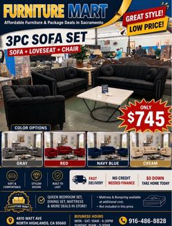 🔥Furniture Mart Deal🔥Brand New 3pc Sofa, Loveseat and Chair $745, Payment available, Delivery Available