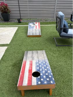 Two Rustic American Flag Cornhole Set w/ Bags