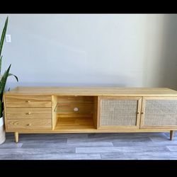 Brand New Mid-Century TV Table,  Solid Wood Media Console, Rattan Bohemian Stand