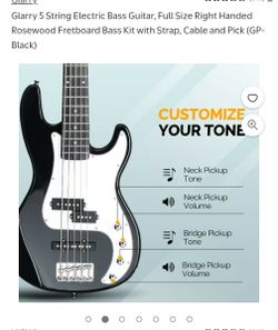 Glarry 5 String Electric Bass Guitar, Full Size Right Handed Rosewood Fretboard Bass Kit with Strap.