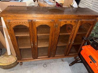 Oak Wood Bookcase with Glass Doors