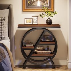 Tribesigns End Table for Living Room, 3-Tier Narrow Side Table with Storage, Wood Sofa Side Table with Geometric Metal Frame, Industrial Nightstand an