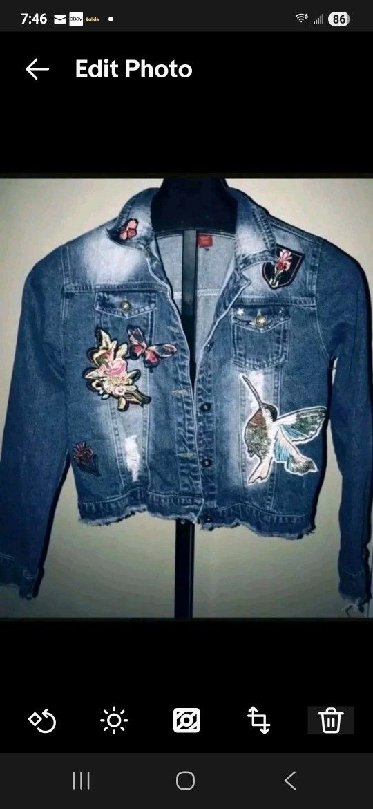 Saks Fifth Avenue Denim Jacket Size Small PS Patches Ripped Distressed Cropped