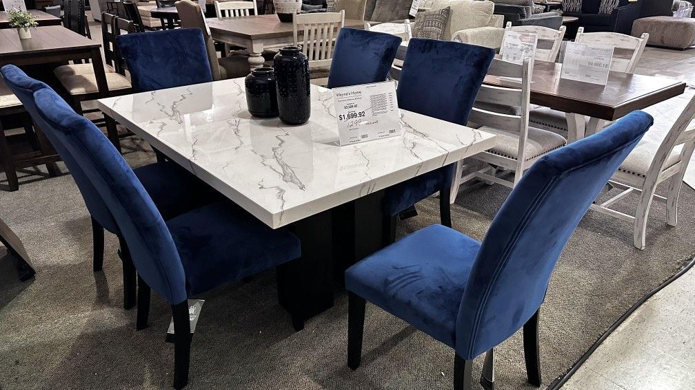 LH 👉$39 Down Payment 👉Vollardi Marble Dining Table,Blue 6 Chairs Dining Room Set