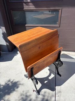 Antique  school desk, bar stools
