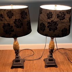 Set Of 2 Table Lamps With Dark Floral Patterned Drum Shades