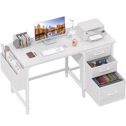 White Computer Desk with Fabric File Drawers Cabinet, 47 Inch Home Office Desks with Filing Cabinet for Small Space, Modern Writing Table PC Desks, Wh