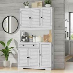 White Tall Kitchen Cabinets, Louvered Door Food Storage Cabinets, Integrated LED Lights And Charging Station, Open Countertop For Practicality And Ver