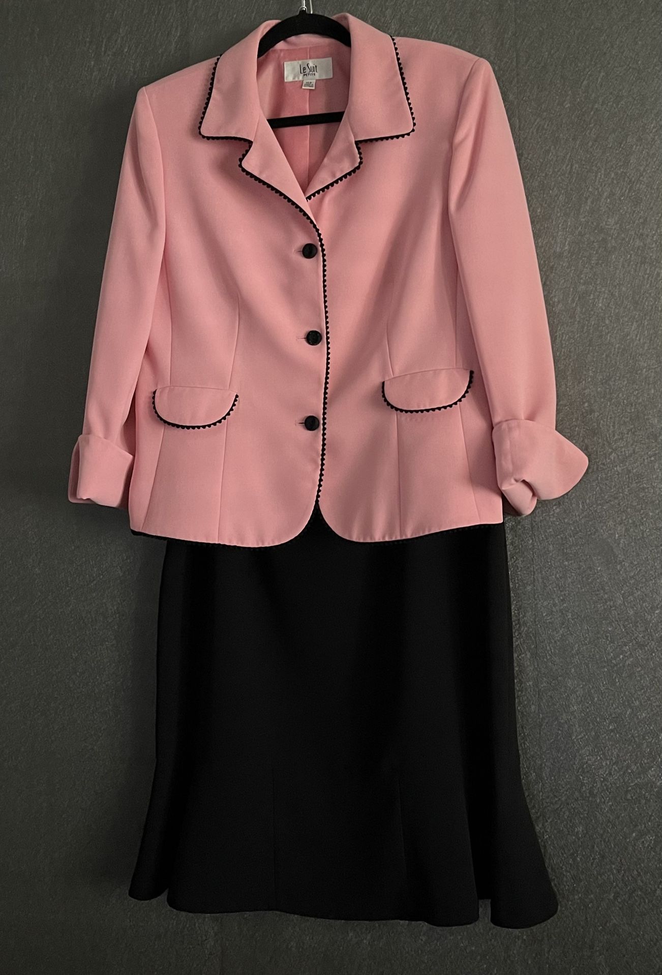 Le Suit Women's 2PC Pink Black Blazer/Jacket Flared Ruffle Skirt Suit Set 14p