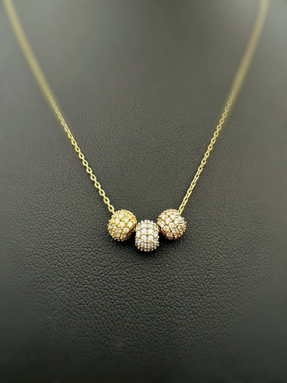 10k solid yellow gold 3 tone balls CZ stones charm necklace 17” chain