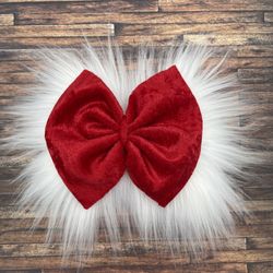 Red Vevet With White Fuax Fur Hair Bow 
