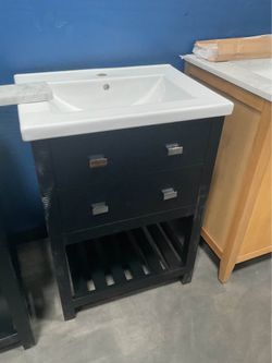 24” Black Solid Wood Bathroom Vanity with Ceramic Top (V109)