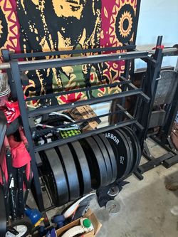 Bench press weights, racks, bar, &bencg