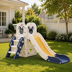 6 in 1 Toddler Slide Playset, Sturdy L-Shaped Climber w/Basketball & Hoop Indoor Outdoor Playground for Kids with Storage Space, Non-Slip Steps, Baby 