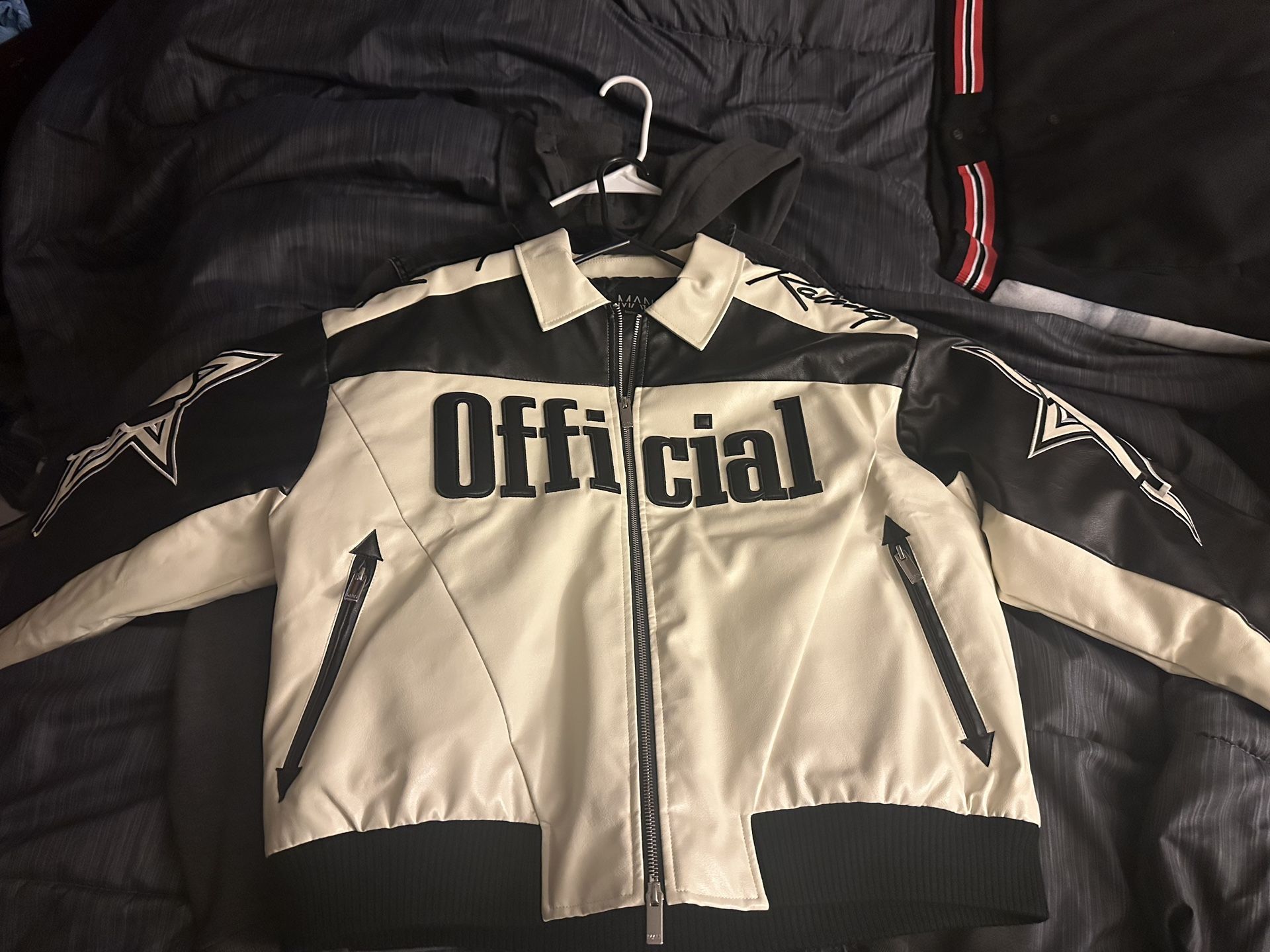 Boohooman "Boxy Fit PU Moto Collared Bomber Jacket" Black (Size XL)