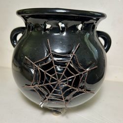 Halloween Large Vintage Witch Cauldron Moons Stars Spiders & Webs Candle Holder NOS