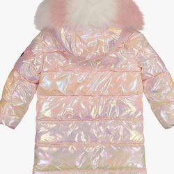 Sam Edelman Girls' Iridescent Puffer Coat - Faux Fur Hood, Warm Polyester Jacket