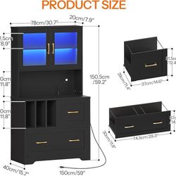 2 Drawer File Cabinet with Charging Station, LED Lights, and Bookshelf, Farmhouse Filing Cabinet with File Holder Organizer, Fits Letter, Legal, A4 Si