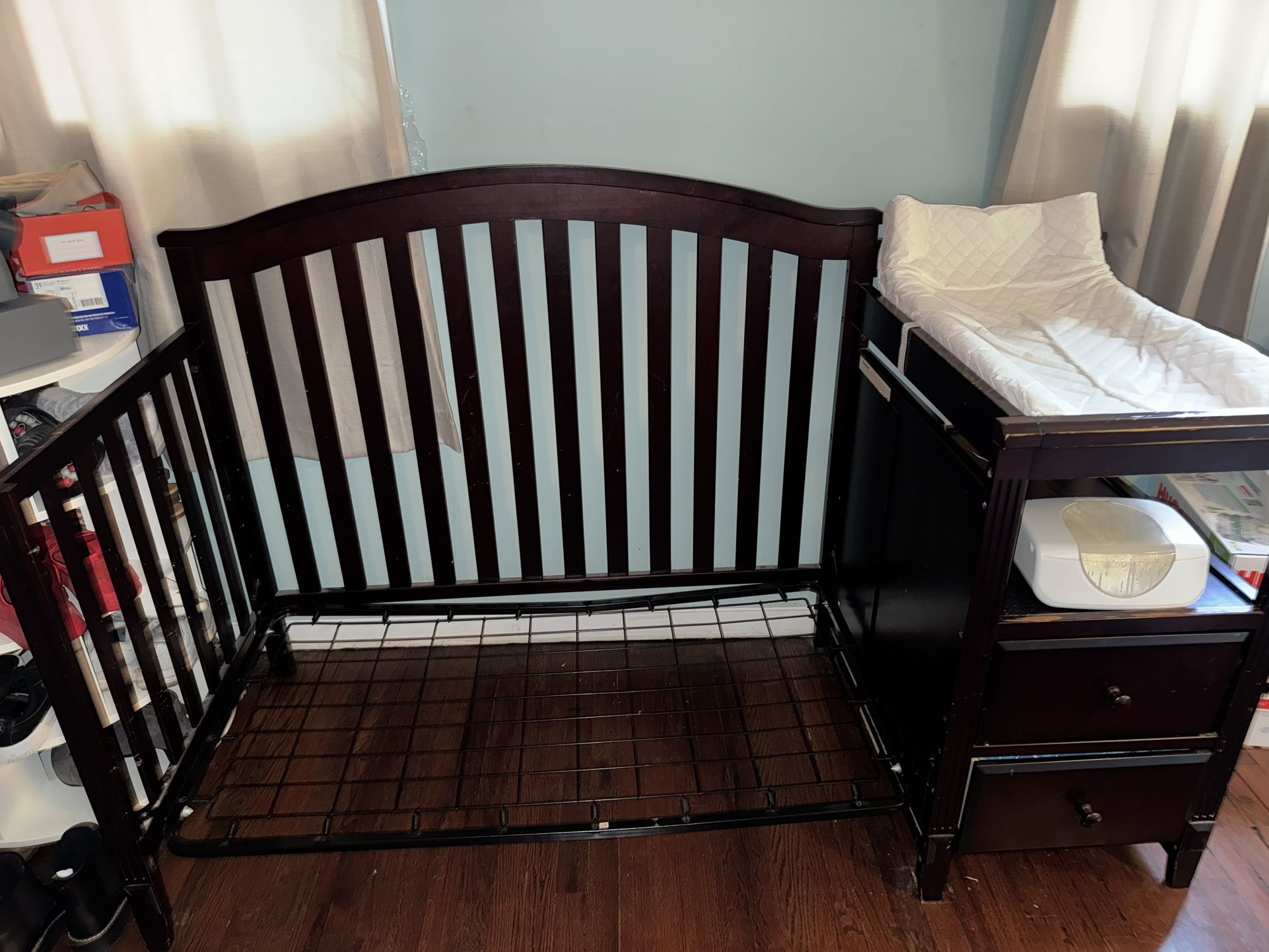 Dark Wood Baby Crib With Changing Table