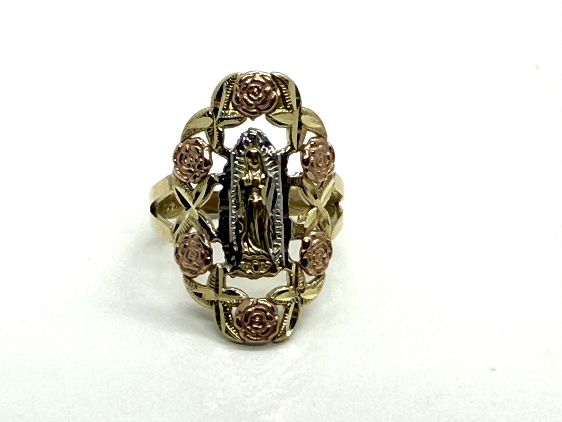 14K SOLID GOLD TRI-COLOR VIRRGIN MARY FLOWER RING