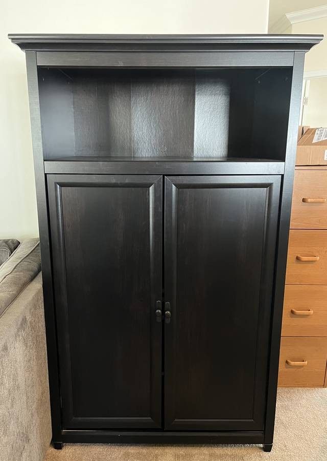 Black hutch desk with doors - $60