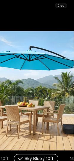 Brand new sky blue 10-Foot Patio Offset Umbrella with Base, Cantilever Hanging Market Umbrella for Outdoor Use, Featuring a Crank And Cross Bases, Sui