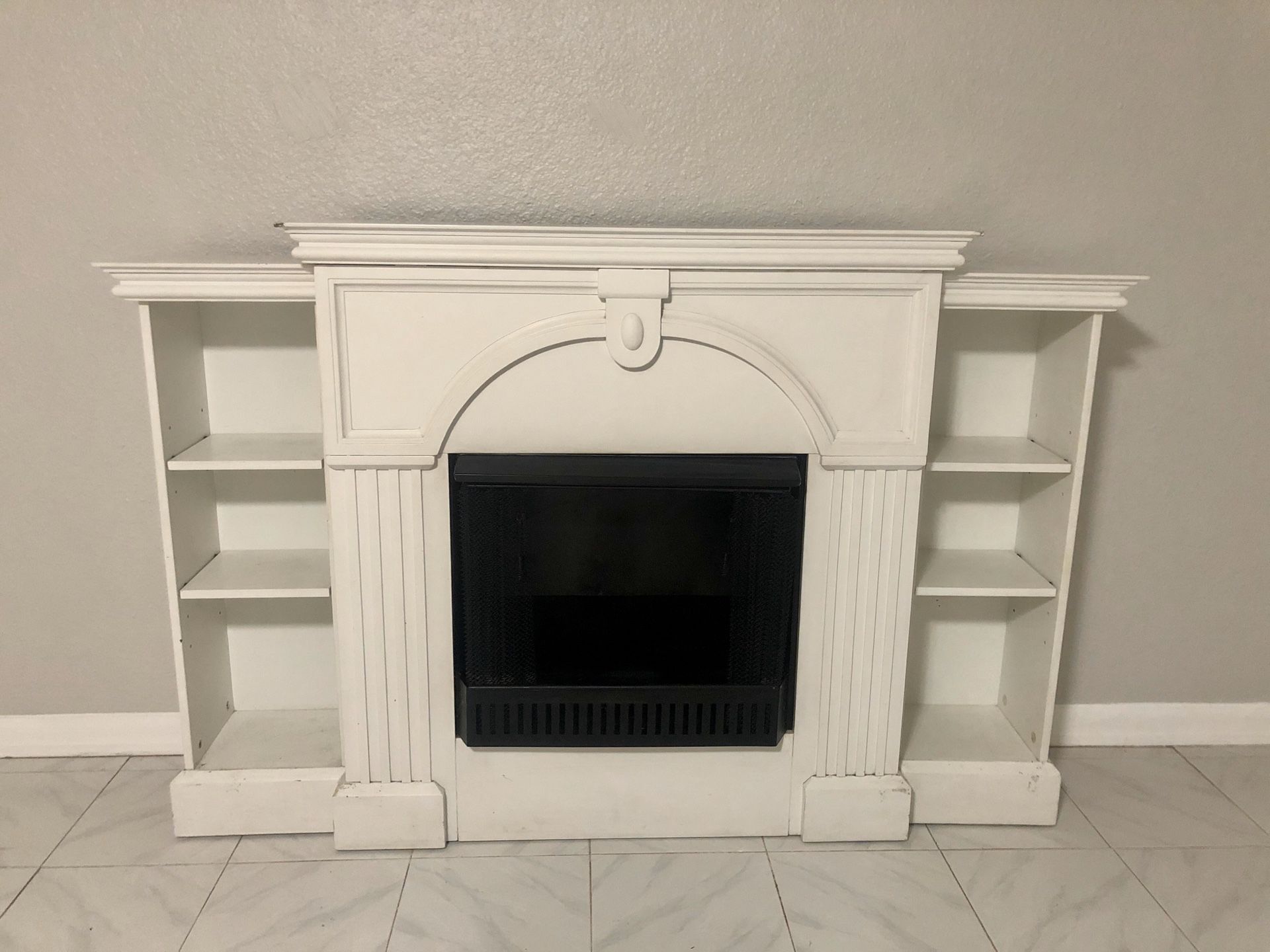 Fax fireplace with insert and adjustable bookshelves