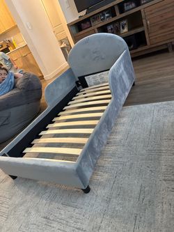 Gray Velvet Upholstered Toddler Bed Frame with Safety Side Rails