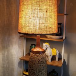 Mid Century Modern Danish Teak And Cork Lamp With Original Shade
