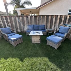 5 Piece Wicker Patio Furniture Set W/ Fire Pit Table