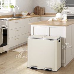 Trash Can, 2 x 10.6 Gallon (2 x 40 L) Garbage Can for Kitchen, with 15 Trash Bags, 2 Compartments, Plastic Inner Buckets and Hinged Lids, Airtight, Al