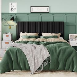 Queen Bed Frame, Velvet Upholstered Platform Bed with Vertical Channel Tufted Headboard, Mattress Foundation with Strong Wooden Slats, Box Spring Opti