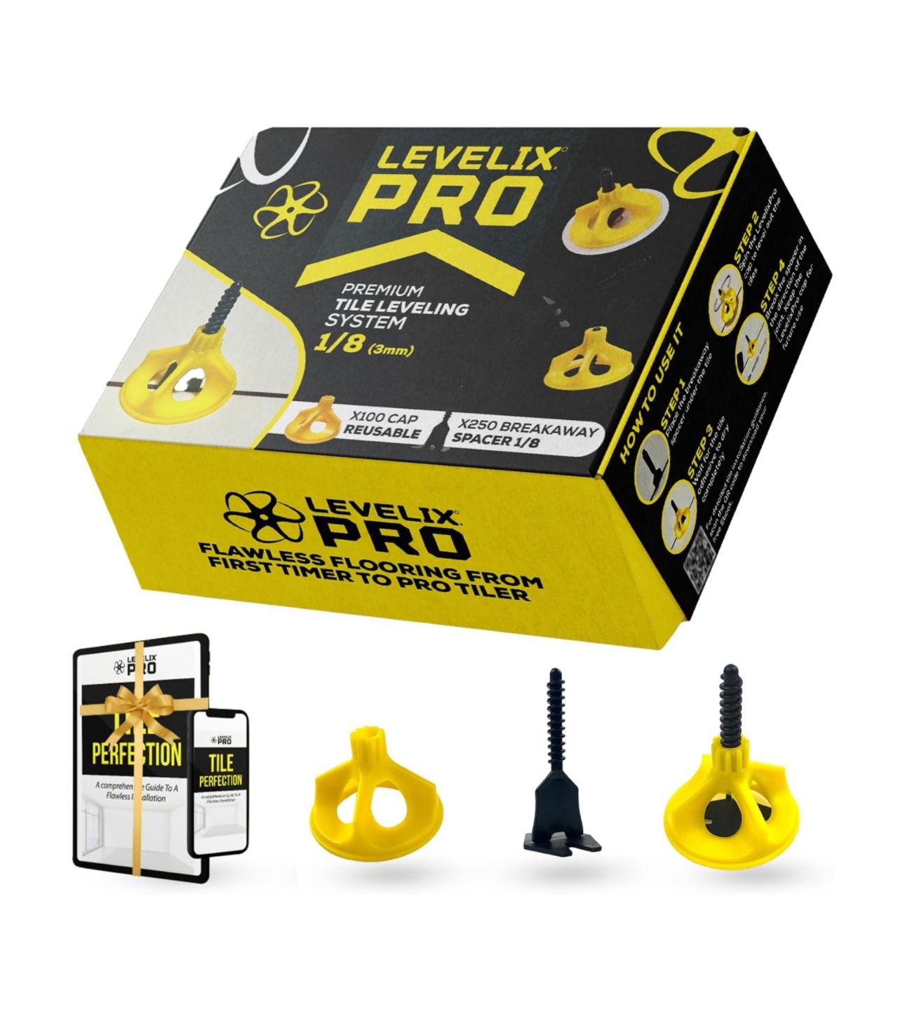 Tile Leveling System 1/8 - Flooring tools & Tile spacers - Complete starter Kit, 250 Breakaway Spacers & 100 Reusable Caps - For Professionals & DIY P