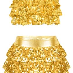 Girls 3 Piece Dance Outfits Sequin One Shoulder Crop Top and Ruffle Skirt Sets Jazz Latin Ballroom Costume
