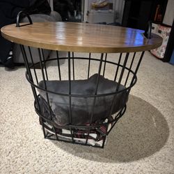 Side Table Wooden Top With Metal Basket For Storage